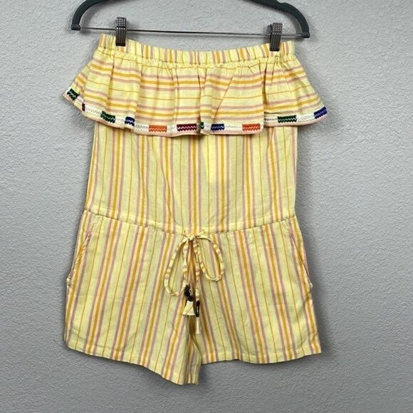 NWT Kopal Rinku Sleeveless Ruffle Romper Yellow Stripe Boho Summer Sz XS - Picture 3 of 12